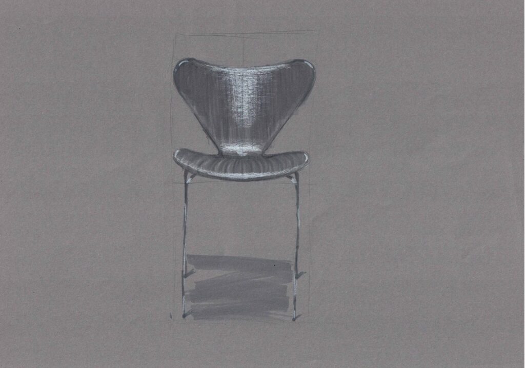 ein Sessel skizziert mit Bleistift und im Anschluss mit Marker koloriert